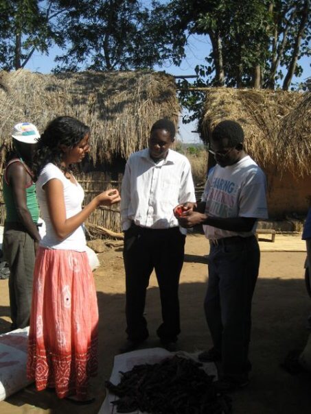 Lewis speaks with a paprika farmer in Malawi during her internship.
