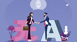 Illustration of man and woman communicating in different languages